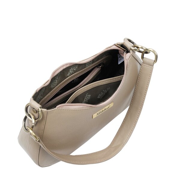 Ladies Taupe/Beige Leather Hobo Shoulder Bag -Top Handle Tote Bag, Satchel Purse - Picture 5 of 10
